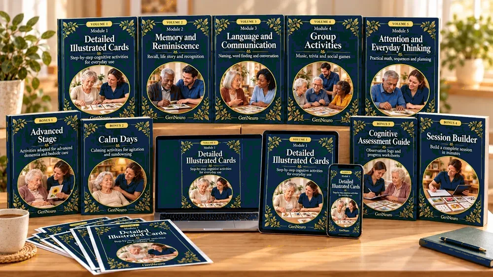 Colección completa NeuroActiva — los 5 módulos y las 4 portadas de bonus desplegados con dispositivos
